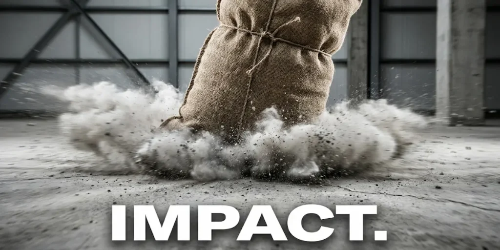 Sacos de embalagem BOPP caindo no chão para demonstrar a resistência estrutural ao impacto e a prevenção de rupturas.