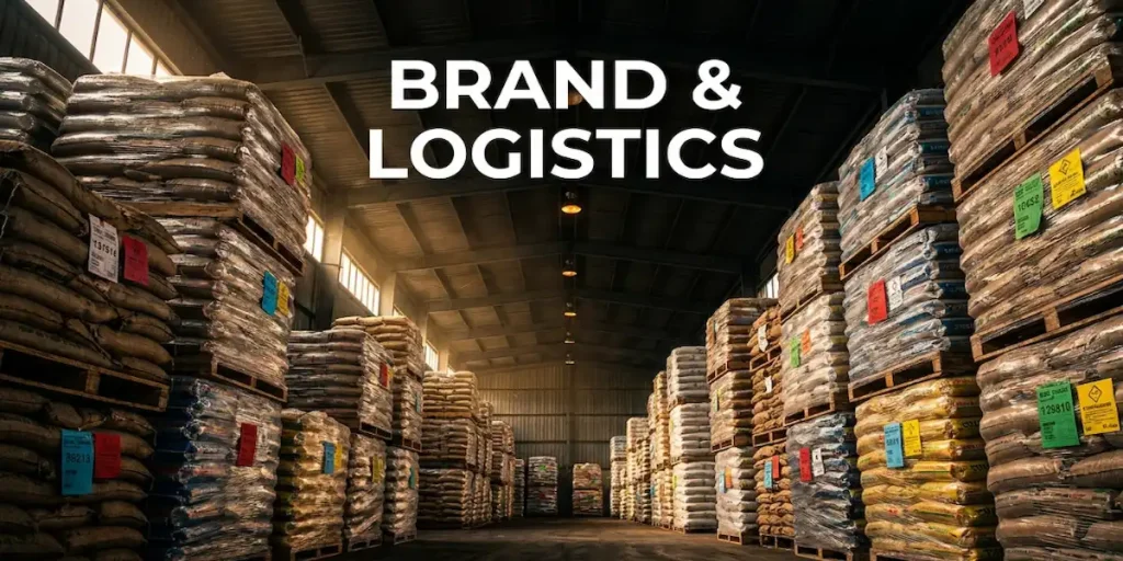Industrielagerlagerung von bedruckten Polypropylenbeuteln mit einheitlicher Marken- und Logistikkennzeichnung.