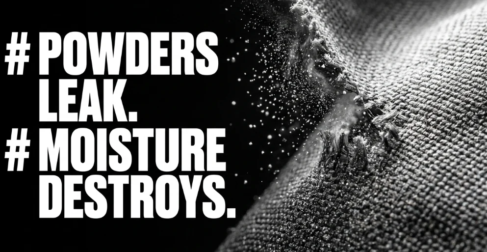POWDERS LEAK. MOISTURE DESTROYS.