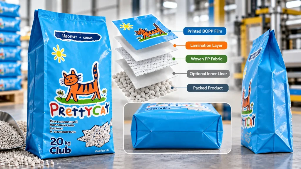 Saco de PP tecido laminado com BOPP para embalagem de areia para gatos