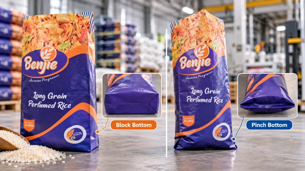 Sacos de embalagem de arroz com fundo bloco e fundo de pinch